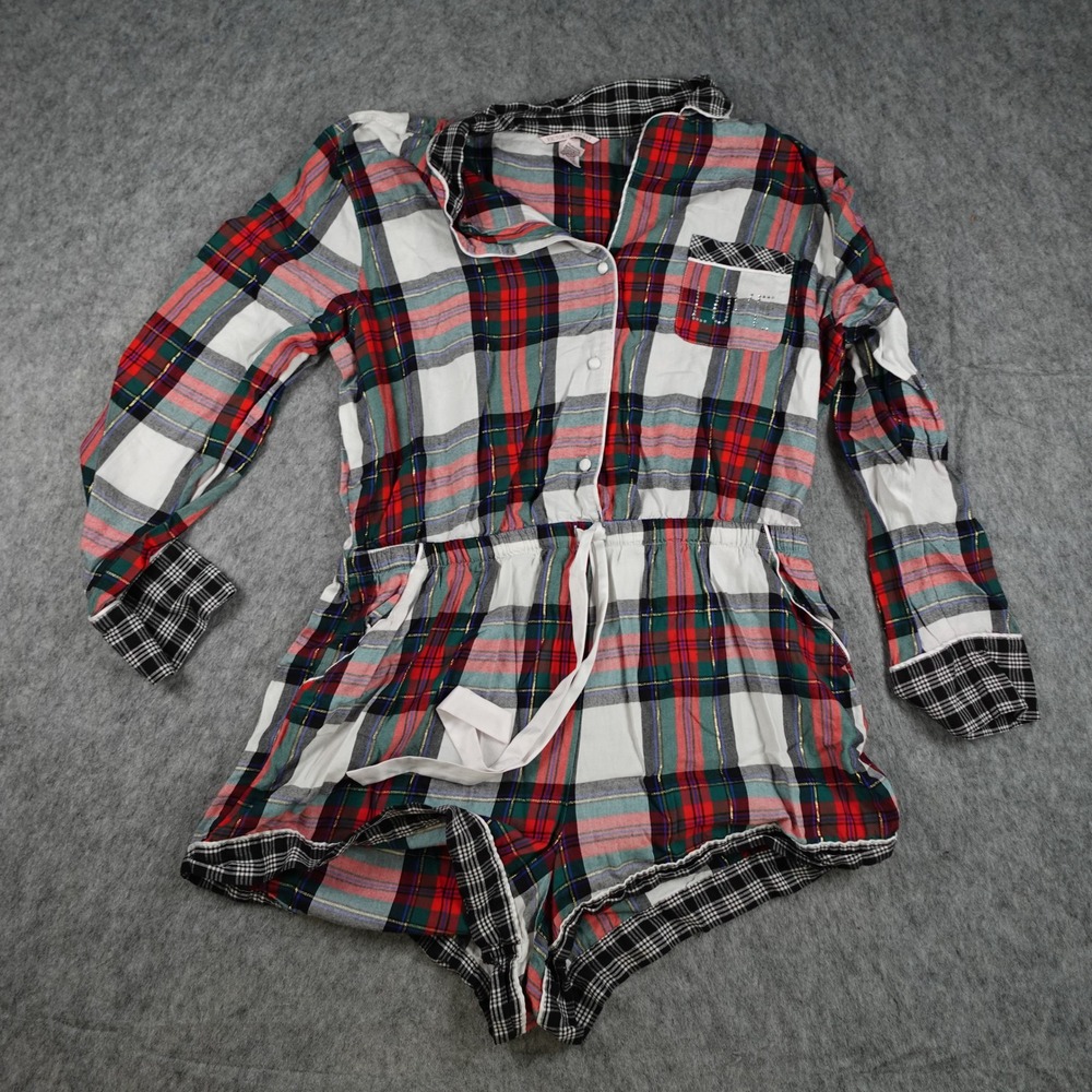 Victoria Secret Romper Womens Extra Large Red Plaid Pajama Long Sleeve Shorts